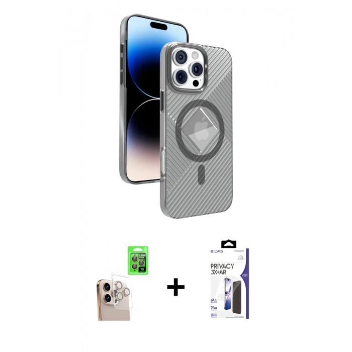 MARSİLYAN™- iPhone 16 Pro Max Kılıf Nova Modern Prime - Siyah Bilvis 3X AR Hayalet Cam Ekran Koruyucu + Raze Metal Kamera Lens - NLGY