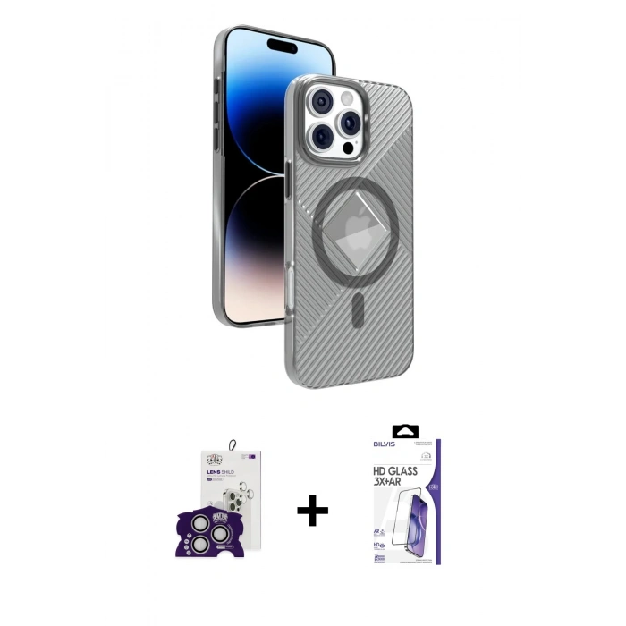 MARSİLYAN™- iPhone 16 Pro Max Kılıf Nova Modern Prime - Siyah Bilvis 3X AR HD Cam Ekran Koruyucu + Bilvis Titan Kamera Lens - GS