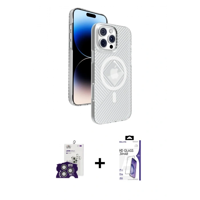 MARSİLYAN™- iPhone 16 Pro Max Kılıf Nova Modern Prime - Siyah Bilvis 3X AR HD Cam Ekran Koruyucu + Bilvis Titan Kamera Lens - GS