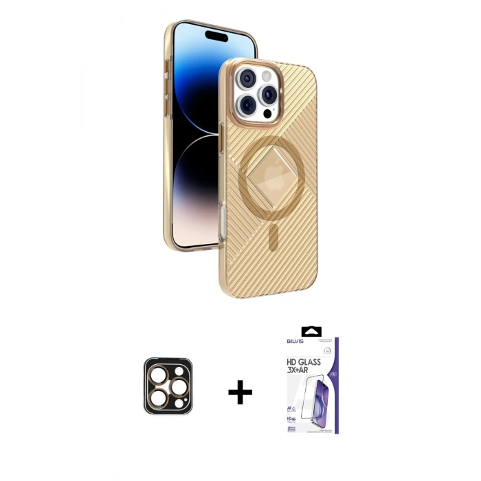MARSİLYAN™- iPhone 16 Pro Max Kılıf Nova Modern Prime - Siyah Bilvis 3X AR HD Cam Ekran Koruyucu + PVD Metal Kamera Lens - GD
