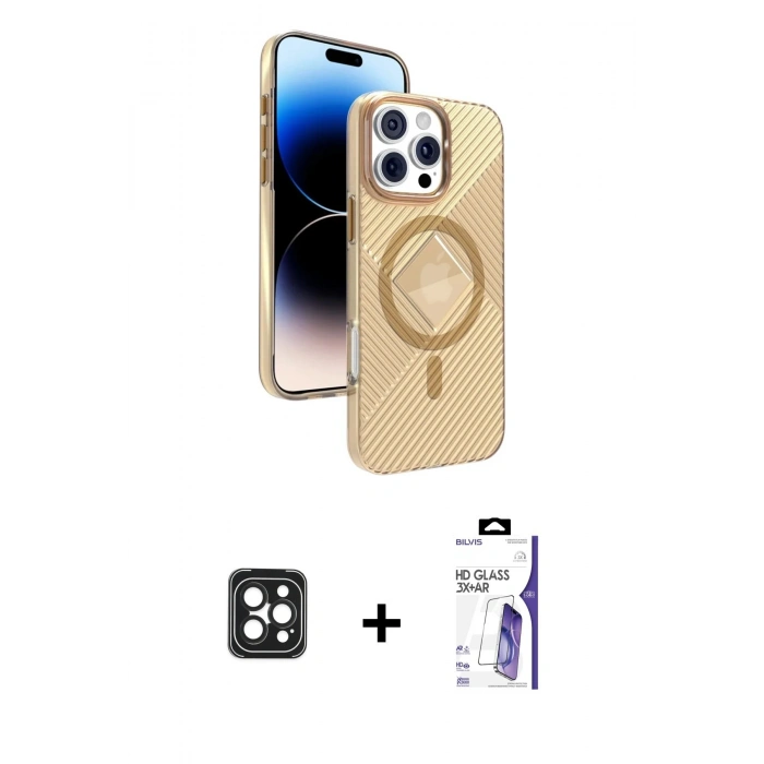 MARSİLYAN™- iPhone 16 Pro Max Kılıf Nova Modern Prime - Siyah Bilvis 3X AR HD Cam Ekran Koruyucu + PVD Metal Kamera Lens - SH