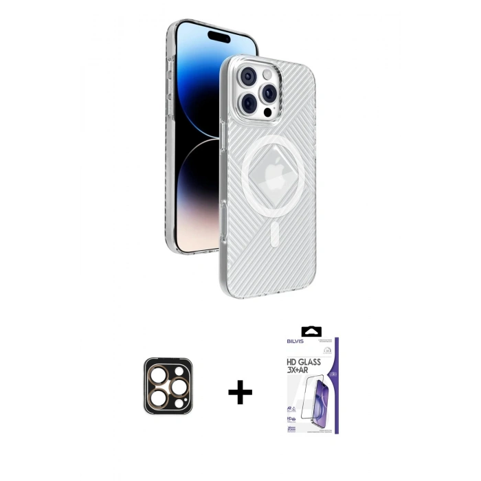 MARSİLYAN™- iPhone 16 Pro Max Kılıf Nova Modern Prime - Siyah Bilvis 3X AR HD Cam Ekran Koruyucu + PVD Metal Kamera Lens - GD