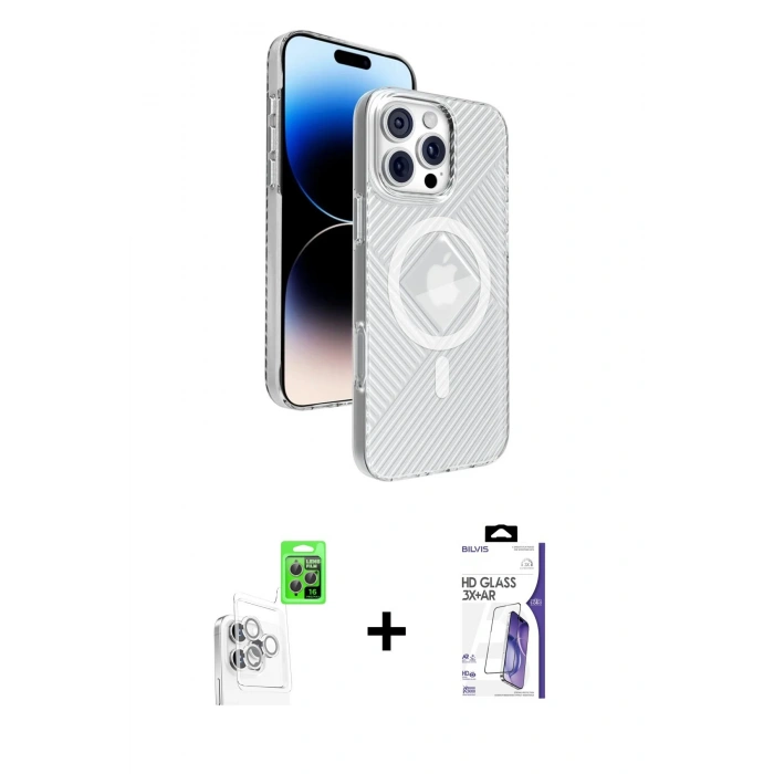 MARSİLYAN™- iPhone 16 Pro Max Kılıf Nova Modern Prime - Siyah Bilvis 3X AR HD Cam Ekran Koruyucu + Raze Metal Kamera Lens - BZ