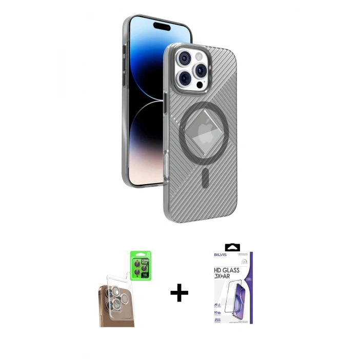 MARSİLYAN™- iPhone 16 Pro Max Kılıf Nova Modern Prime - Siyah Bilvis 3X AR HD Cam Ekran Koruyucu + Raze Metal Kamera Lens - CLTM
