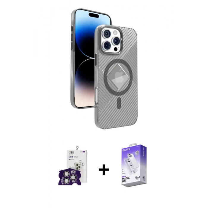 MARSİLYAN™- iPhone 16 Pro Max Kılıf Nova Modern Prime - Siyah Bilvis 5in1 3D Magic Cam Ekran Koruyucu + Bilvis Titan Kamera Lens - GS