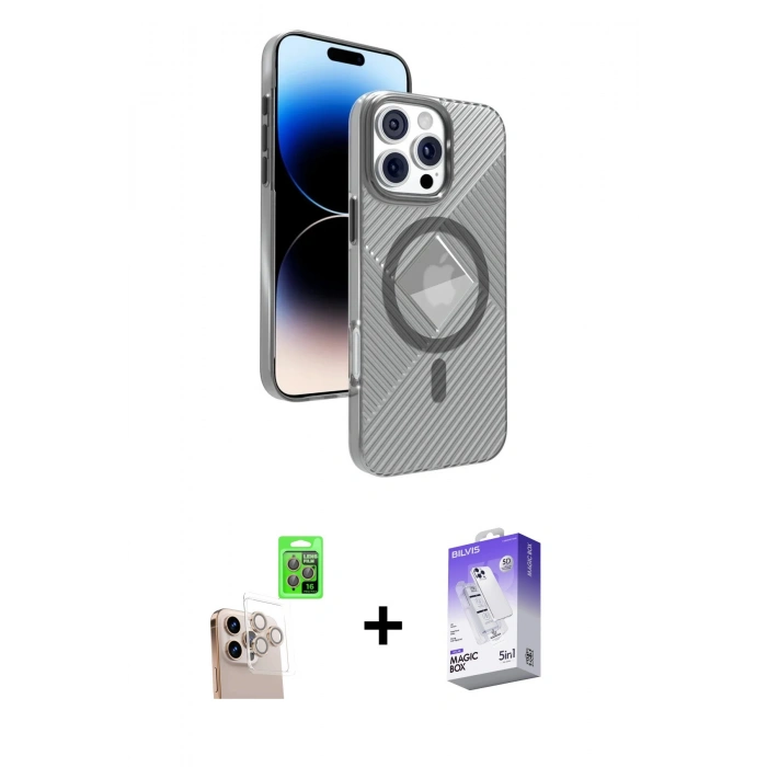 MARSİLYAN™- iPhone 16 Pro Max Kılıf Nova Modern Prime - Siyah Bilvis 5in1 3D Magic Cam Ekran Koruyucu + Raze Metal Kamera Lens - NLGY