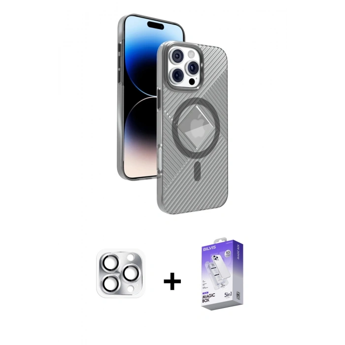 MARSİLYAN™- iPhone 16 Pro Max Kılıf Nova Modern Prime - Siyah Bilvis 5in1 3D Magic Cam Ekran Koruyucu + Pers Alüminyum Kamera Lens - GS