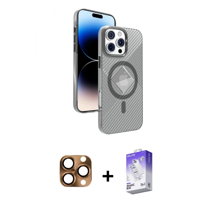 MARSİLYAN™- iPhone 16 Pro Max Kılıf Nova Modern Prime - Siyah Bilvis 5in1 3D Magic Cam Ekran Koruyucu + Pers Alüminyum Kamera Lens - CLTM