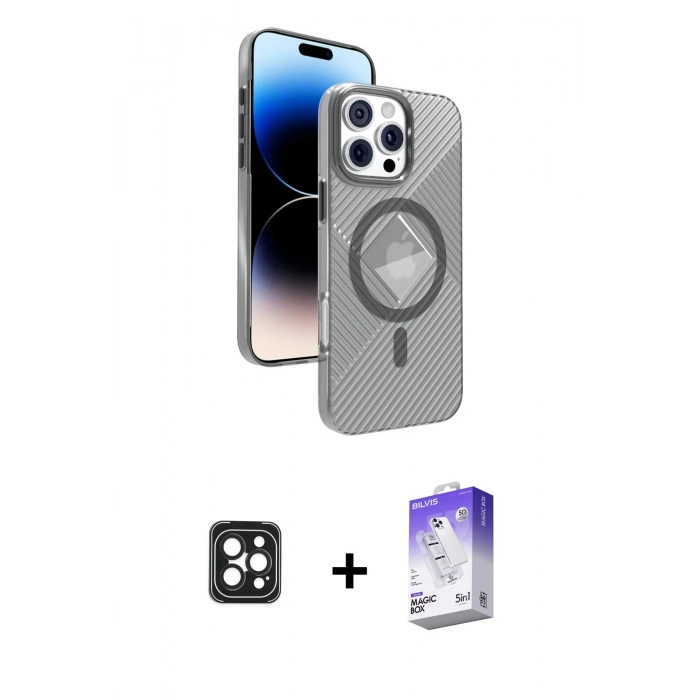 MARSİLYAN™- iPhone 16 Pro Max Kılıf Nova Modern Prime - Siyah Bilvis 5in1 3D Magic Cam Ekran Koruyucu + PVD Metal Kamera Lens - SH