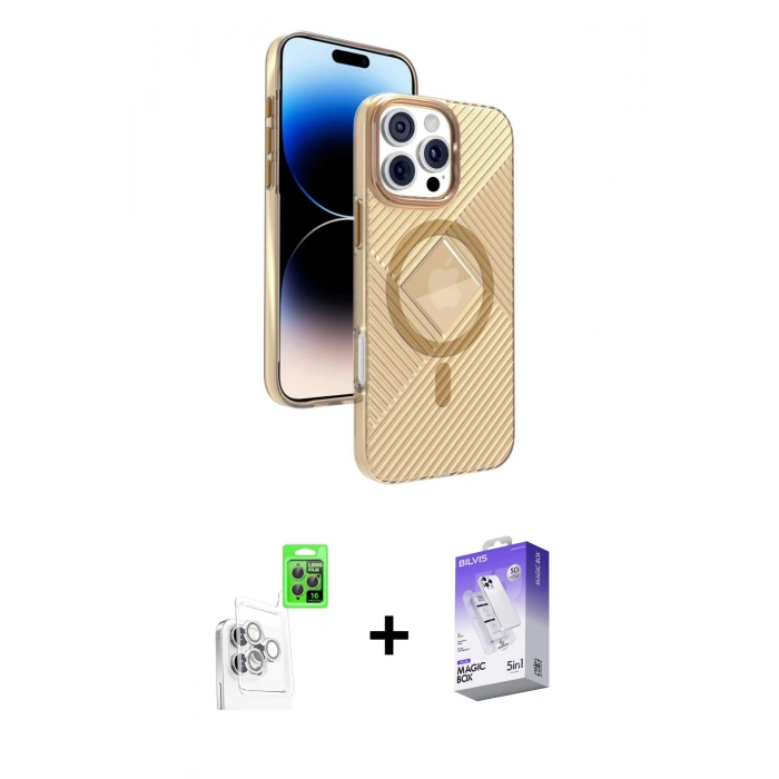 MARSİLYAN™- iPhone 16 Pro Max Kılıf Nova Modern Prime - Siyah Bilvis 5in1 3D Magic Cam Ekran Koruyucu + Raze Metal Kamera Lens - BZ