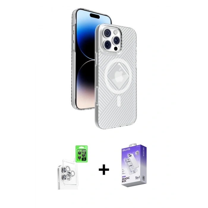 MARSİLYAN™- iPhone 16 Pro Max Kılıf Nova Modern Prime - Siyah Bilvis 5in1 3D Magic Cam Ekran Koruyucu + Raze Metal Kamera Lens - BZ