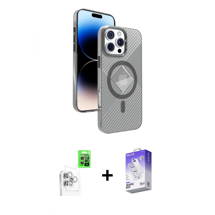 MARSİLYAN™- iPhone 16 Pro Max Kılıf Nova Modern Prime - Siyah Bilvis 5in1 3D Magic Cam Ekran Koruyucu + Raze Metal Kamera Lens - BZ