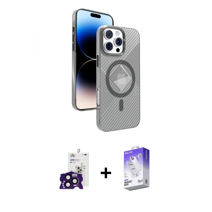 MARSİLYAN™- iPhone 16 Pro Max Kılıf Nova Modern Prime - Siyah Bilvis 5in1 3D Magic Cam Ekran Koruyucu + Siyah Bilvis Titan Kamera Lens
