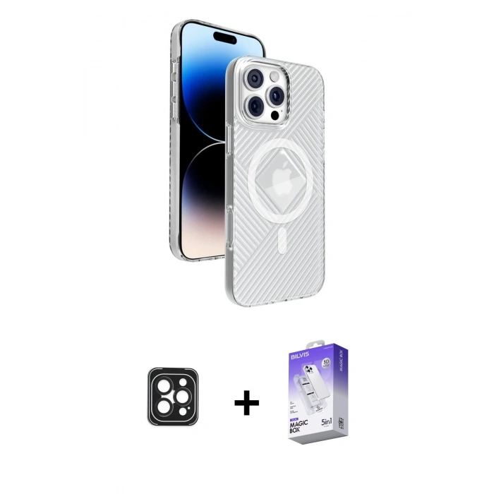 MARSİLYAN™- iPhone 16 Pro Max Kılıf Nova Modern Prime - Siyah Bilvis 5in1 3D Magic Cam Ekran Koruyucu + Siyah PVD Metal Kamera Lens