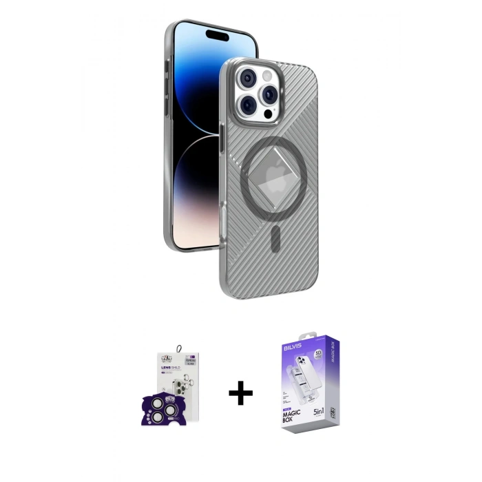 MARSİLYAN™- iPhone 16 Pro Max Kılıf Nova Modern Prime - Siyah Bilvis 5in1 3D Magic Cam Ekran Koruyucu + Bilvis Titan Kamera Lens - TMGI