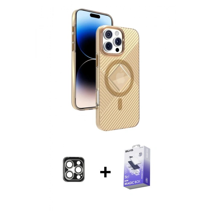 MARSİLYAN™- iPhone 16 Pro Max Kılıf Nova Modern Prime - Siyah Bilvis 5in1 5D Magic Hayalet Cam Ekran Koruyucu + Gümüş PVD Metal Kamera Lens