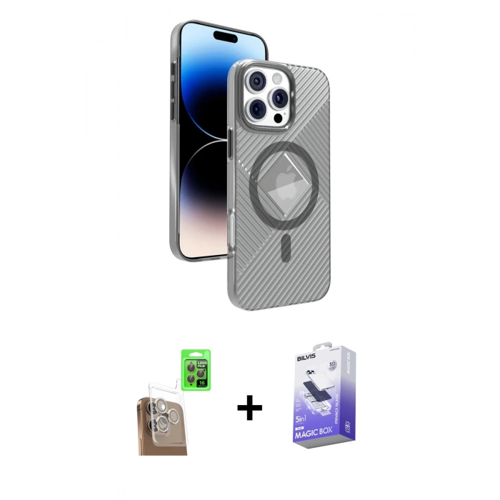 MARSİLYAN™- iPhone 16 Pro Max Kılıf Nova Modern Prime - Siyah Bilvis 5in1 5D Magic Hayalet Cam Ekran Koruyucu + Çöl Titanyum Raze Metal Kamera Lens