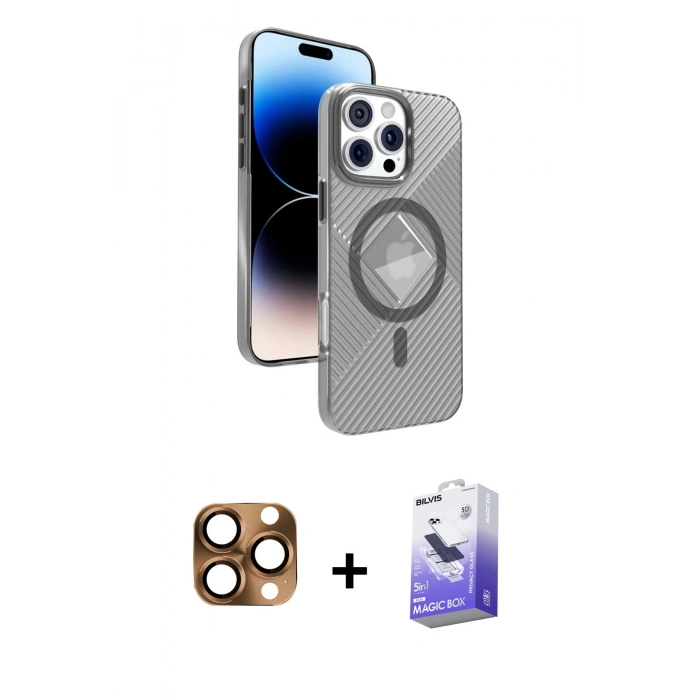 MARSİLYAN™- iPhone 16 Pro Max Kılıf Nova Modern Prime - Siyah Bilvis 5in1 5D Magic Hayalet Cam Ekran Koruyucu + Pers Alüminyum Kamera Lens - CLTM