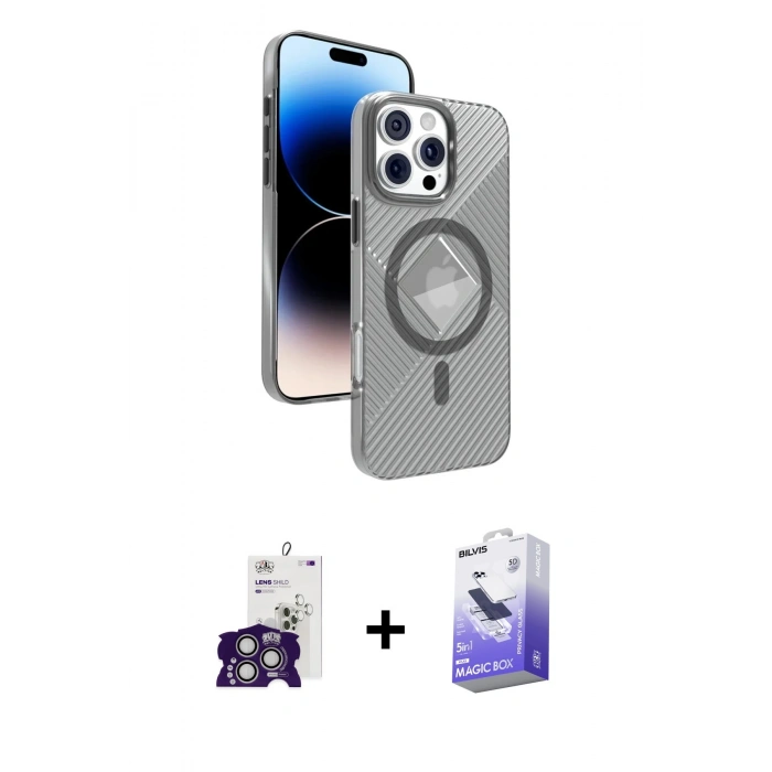 MARSİLYAN™- iPhone 16 Pro Max Kılıf Nova Modern Prime - Siyah Bilvis 5in1 5D Magic Hayalet Cam Ekran Koruyucu + Bilvis Titan Kamera Lens - GS