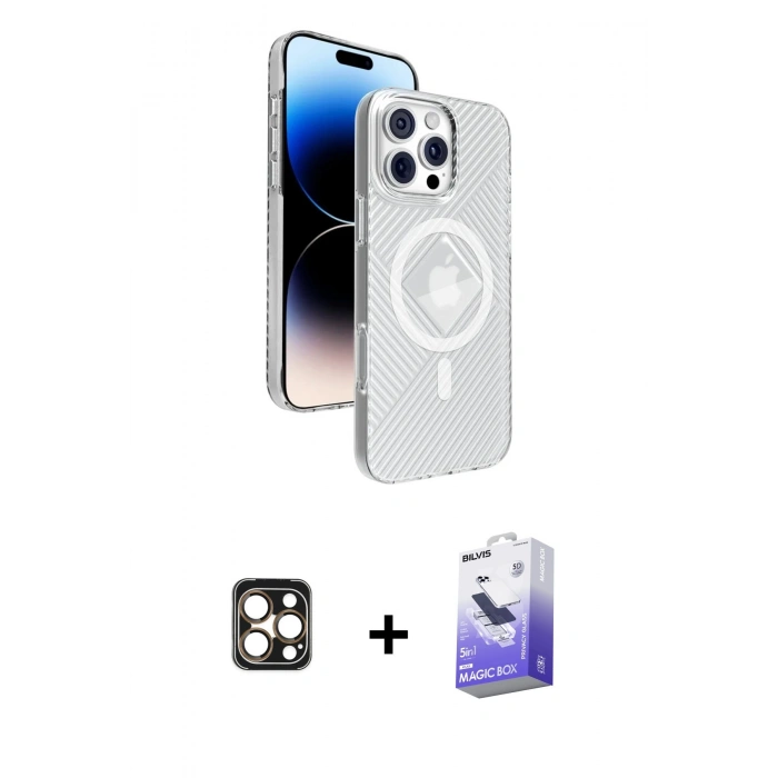 MARSİLYAN™- iPhone 16 Pro Max Kılıf Nova Modern Prime - Siyah Bilvis 5in1 5D Magic Hayalet Cam Ekran Koruyucu + PVD Metal Kamera Lens - GD