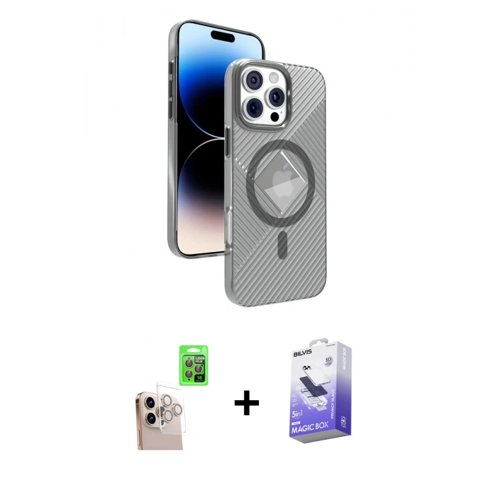 MARSİLYAN™- iPhone 16 Pro Max Kılıf Nova Modern Prime - Siyah Bilvis 5in1 5D Magic Hayalet Cam Ekran Koruyucu + Raze Metal Kamera Lens - NLGY