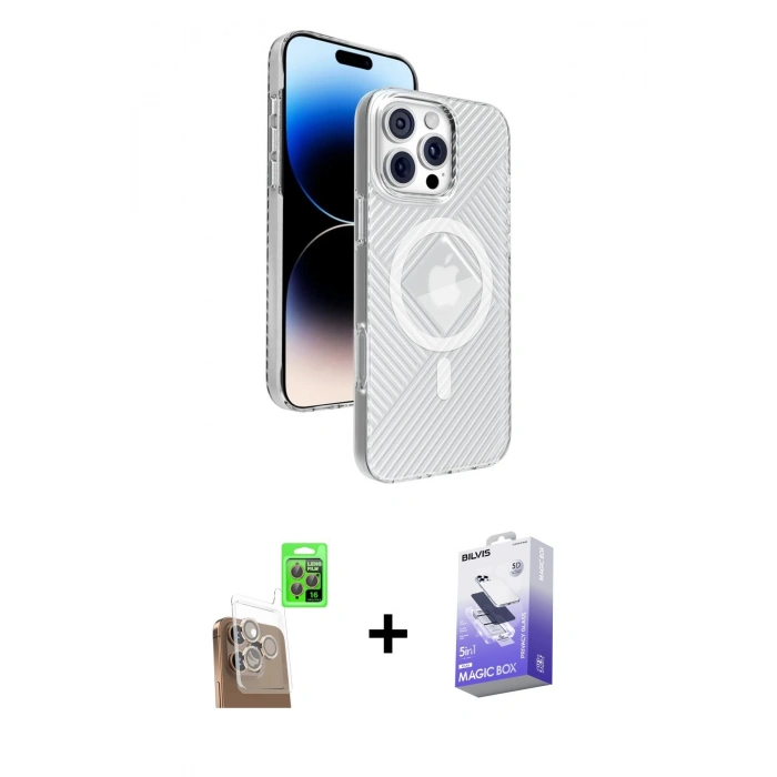 MARSİLYAN™- iPhone 16 Pro Max Kılıf Nova Modern Prime - Siyah Bilvis 5in1 5D Magic Hayalet Cam Ekran Koruyucu + Çöl Titanyum Raze Metal Kamera Lens