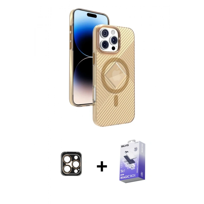 MARSİLYAN™- iPhone 16 Pro Max Kılıf Nova Modern Prime - Siyah Bilvis 5in1 5D Magic Hayalet Cam Ekran Koruyucu + PVD Metal Kamera Lens - GD