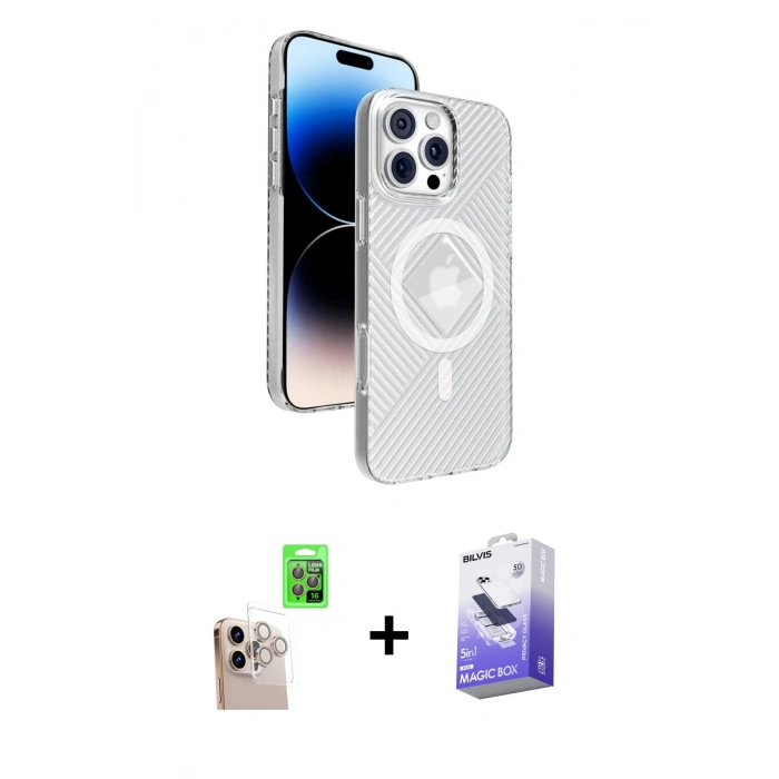 MARSİLYAN™- iPhone 16 Pro Max Kılıf Nova Modern Prime - Siyah Bilvis 5in1 5D Magic Hayalet Cam Ekran Koruyucu + Raze Metal Kamera Lens - NLGY