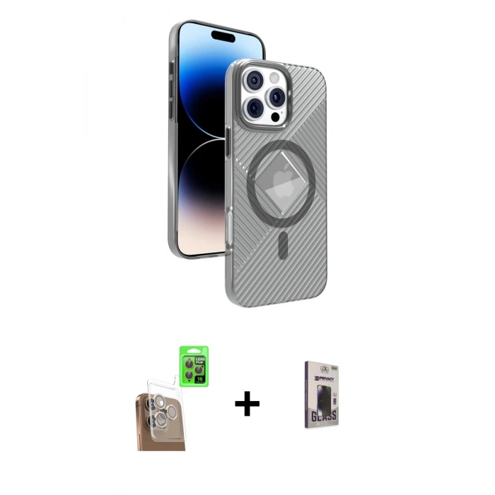 MARSİLYAN™- iPhone 16 Pro Max Kılıf Nova Modern Prime - Siyah Bilvis Hayalet Cam Ekran Koruyucu + Raze Metal Kamera Lens - CLTM