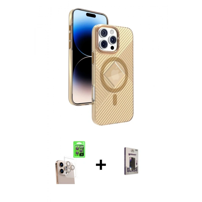 MARSİLYAN™- iPhone 16 Pro Max Kılıf Nova Modern Prime - Siyah Bilvis Hayalet Cam Ekran Koruyucu + Natural Grey Raze Metal Kamera Lens