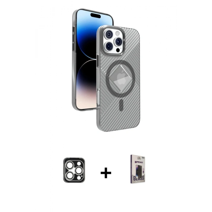 MARSİLYAN™- iPhone 16 Pro Max Kılıf Nova Modern Prime - Siyah Bilvis Hayalet Cam Ekran Koruyucu + PVD Metal Kamera Lens - GS