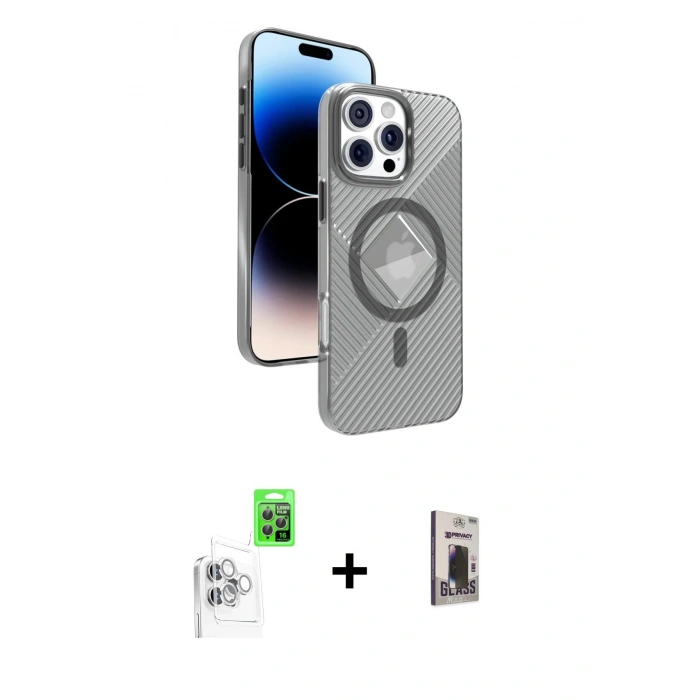 MARSİLYAN™- iPhone 16 Pro Max Kılıf Nova Modern Prime - Siyah Bilvis Hayalet Cam Ekran Koruyucu + Raze Metal Kamera Lens - BZ