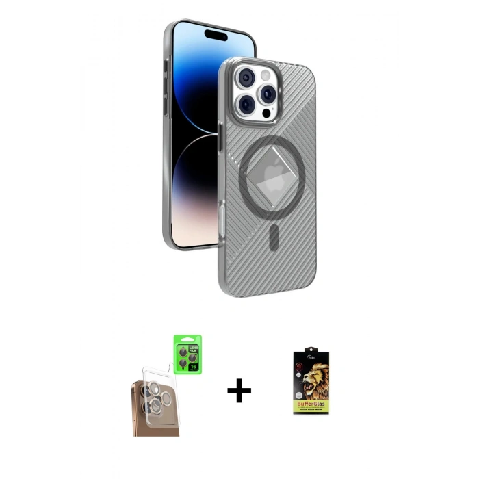 MARSİLYAN™- iPhone 16 Pro Max Kılıf Nova Modern Prime - Siyah Buffer Cam Ekran Koruyucu + Raze Metal Kamera Lens - CLTM