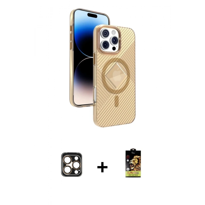 MARSİLYAN™- iPhone 16 Pro Max Kılıf Nova Modern Prime - Siyah Buffer Cam Ekran Koruyucu + PVD Metal Kamera Lens - GD