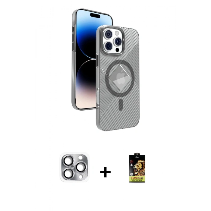 MARSİLYAN™- iPhone 16 Pro Max Kılıf Nova Modern Prime - Siyah Buffer Cam Ekran Koruyucu + Gri Pers Alüminyum Kamera Lens