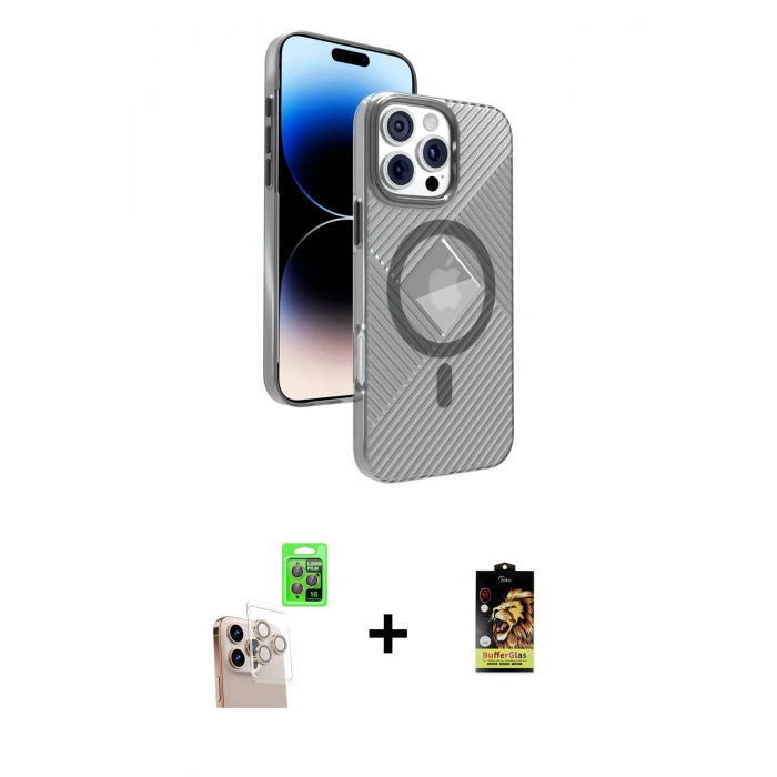 MARSİLYAN™- iPhone 16 Pro Max Kılıf Nova Modern Prime - Siyah Buffer Cam Ekran Koruyucu + Raze Metal Kamera Lens - NLGY