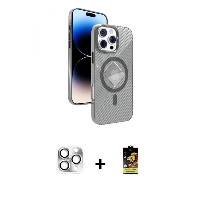 MARSİLYAN™- iPhone 16 Pro Max Kılıf Nova Modern Prime - Siyah Buffer Cam Ekran Koruyucu + Pers Alüminyum Kamera Lens - GS