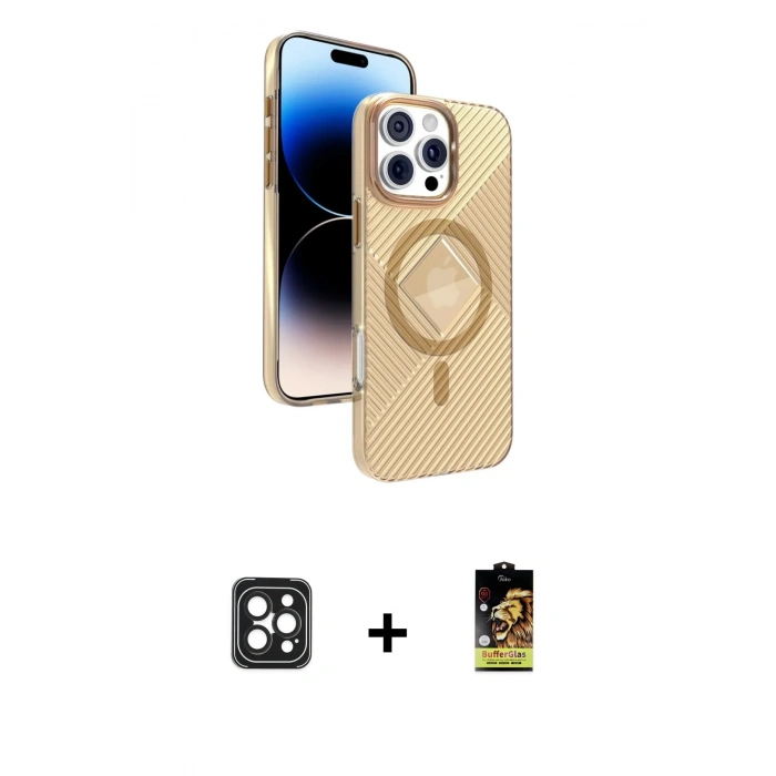 MARSİLYAN™- iPhone 16 Pro Max Kılıf Nova Modern Prime - Siyah Buffer Cam Ekran Koruyucu + PVD Metal Kamera Lens - SH