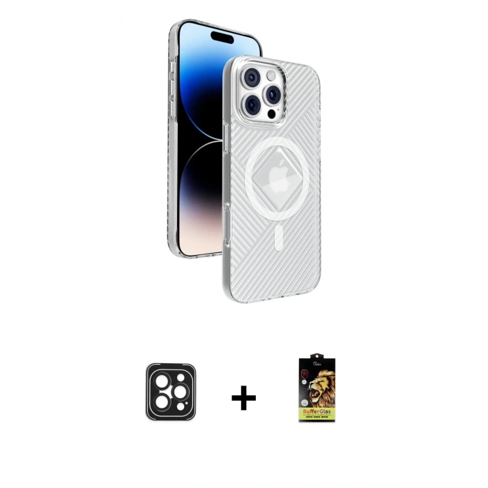 MARSİLYAN™- iPhone 16 Pro Max Kılıf Nova Modern Prime - Siyah Buffer Cam Ekran Koruyucu + PVD Metal Kamera Lens - SH