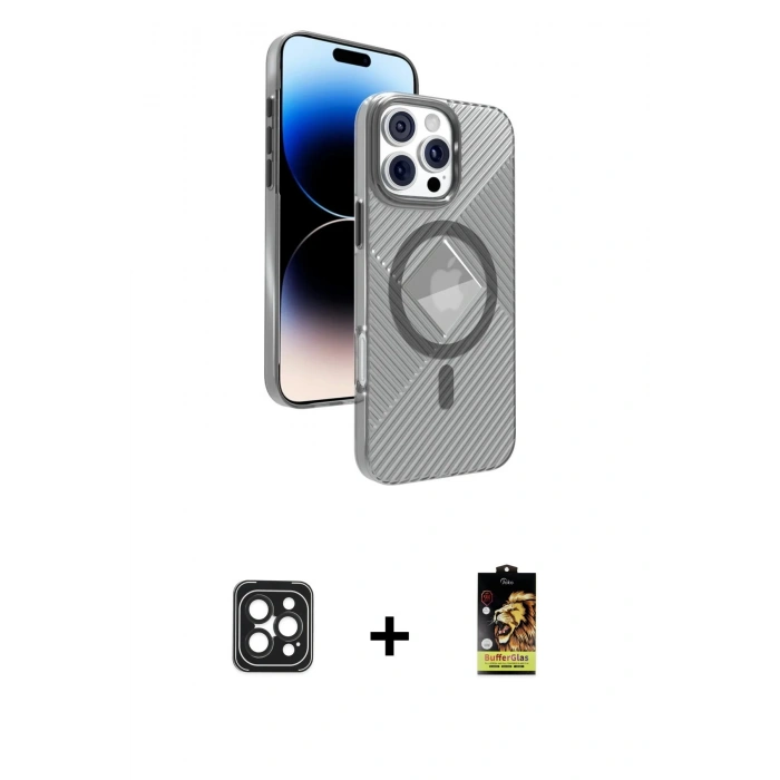 MARSİLYAN™- iPhone 16 Pro Max Kılıf Nova Modern Prime - Siyah Buffer Cam Ekran Koruyucu + PVD Metal Kamera Lens - SH