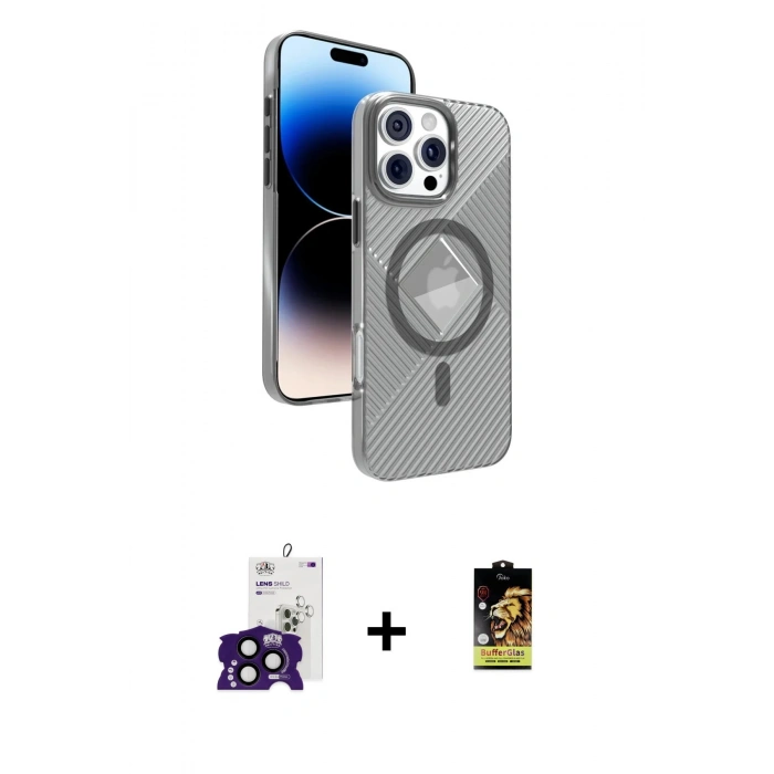MARSİLYAN™- iPhone 16 Pro Max Kılıf Nova Modern Prime - Siyah Buffer Cam Ekran Koruyucu + Bilvis Titan Kamera Lens - SH