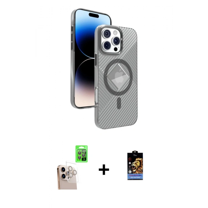 MARSİLYAN™- iPhone 16 Pro Max Kılıf Nova Modern Prime - Siyah Buffer Hayalet Cam Ekran Koruyucu + Natural Grey Raze Metal Kamera Lens