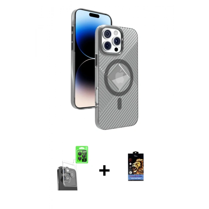 MARSİLYAN™- iPhone 16 Pro Max Kılıf Nova Modern Prime - Siyah Buffer Hayalet Cam Ekran Koruyucu + Raze Metal Kamera Lens - SH