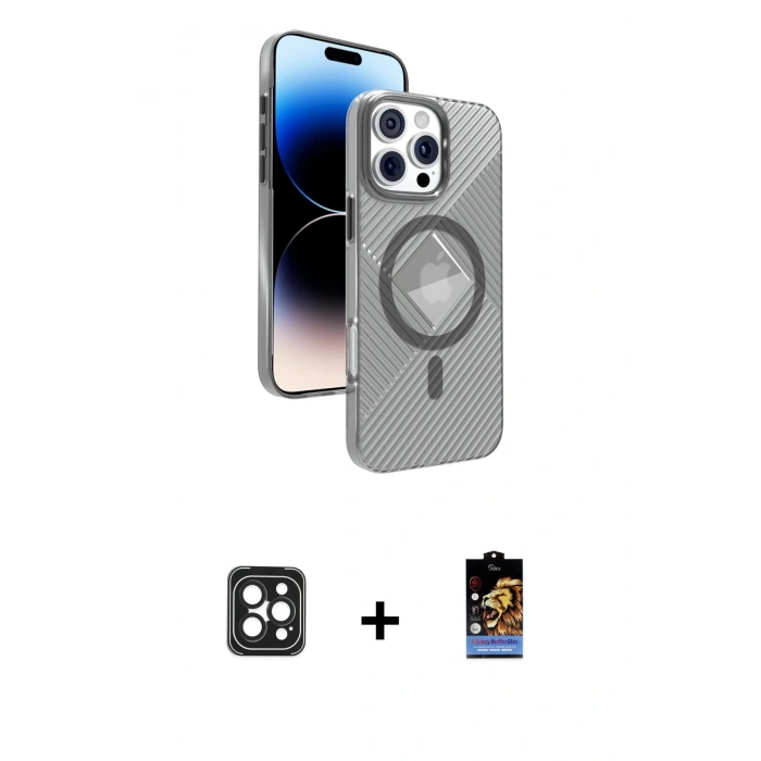 MARSİLYAN™- iPhone 16 Pro Max Kılıf Nova Modern Prime - Siyah Buffer Hayalet Cam Ekran Koruyucu + Siyah PVD Metal Kamera Lens