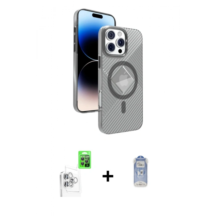 MARSİLYAN™- iPhone 16 Pro Max Kılıf Nova Modern Prime - Siyah Joko Magic 5D Cam + Beyaz Raze Metal Kamera Lens