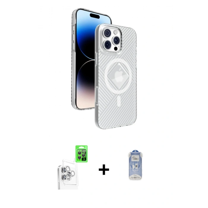 MARSİLYAN™- iPhone 16 Pro Max Kılıf Nova Modern Prime - Siyah Joko Magic 5D Cam + Beyaz Raze Metal Kamera Lens