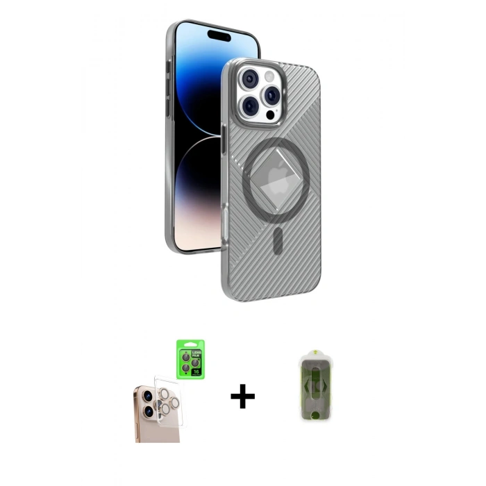MARSİLYAN™- iPhone 16 Pro Max Kılıf Nova Modern Prime - Siyah Joko Magic 5D Hayalet Cam + Natural Grey Raze Metal Kamera Lens