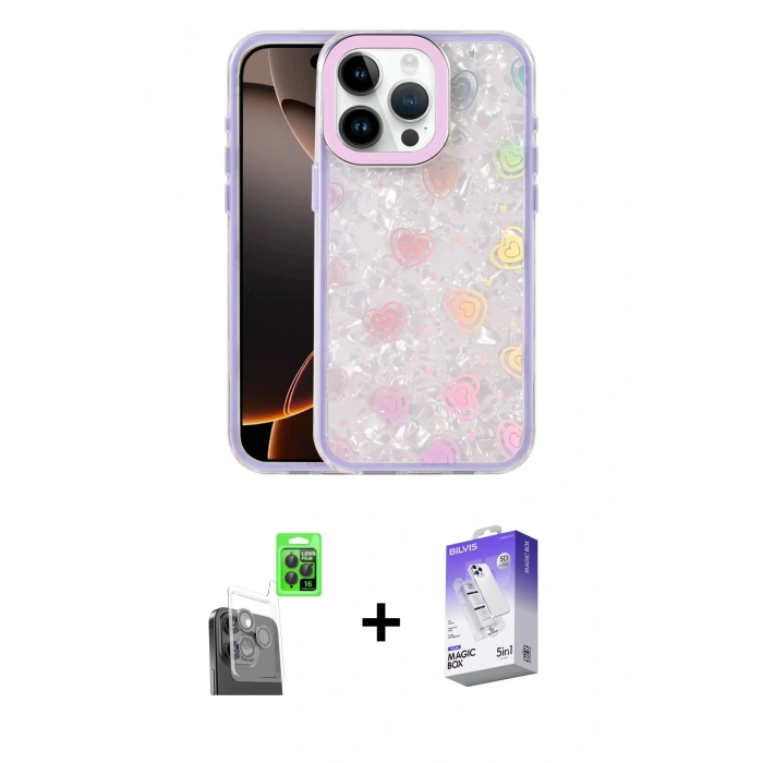 MARSİLYAN™- iPhone 16 Pro Max Kılıf Odak Prime - Siyah Bilvis 5in1 3D Magic Cam Ekran Koruyucu + Siyah Raze Metal Kamera Lens