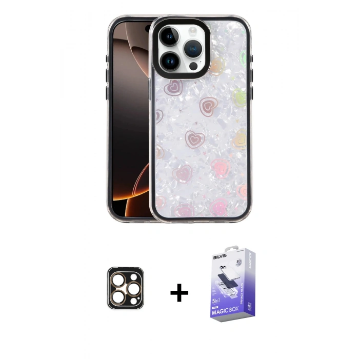 MARSİLYAN™- iPhone 16 Pro Max Kılıf Odak Prime - Siyah Bilvis 5in1 5D Magic Hayalet Cam Ekran Koruyucu + PVD Metal Kamera Lens - GD