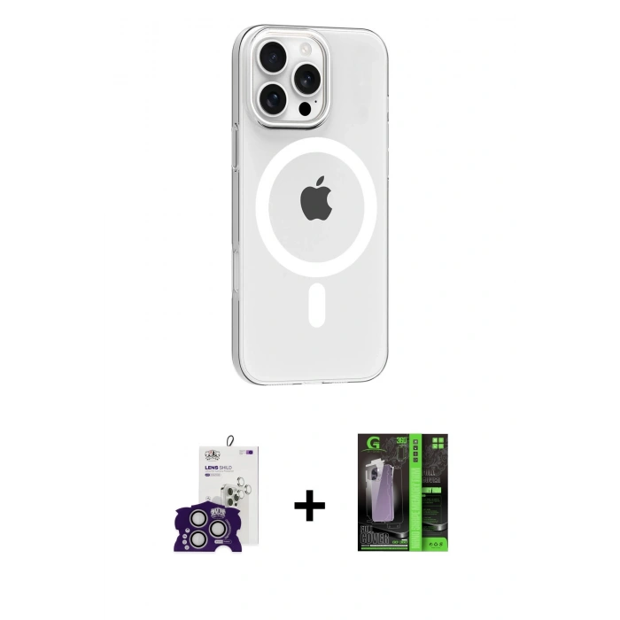 MARSİLYAN™- iPhone 16 Pro Max Kılıf Pusula Form Özel Seri - Şeffaf 360 Full Body Arka Koruyucu + Bilvis Titan Kamera Lens - GS